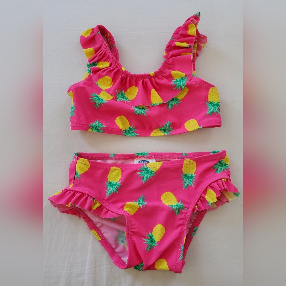 Old Navy Bright Pink Pineapple Print Ruffle Bikini Size 12-18m